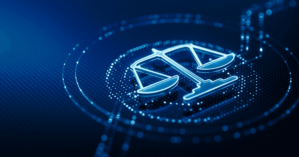 A glowing digital illustration of the scales of justice appears on a dark blue background with circular dotted patterns, suggesting themes of law and technology.