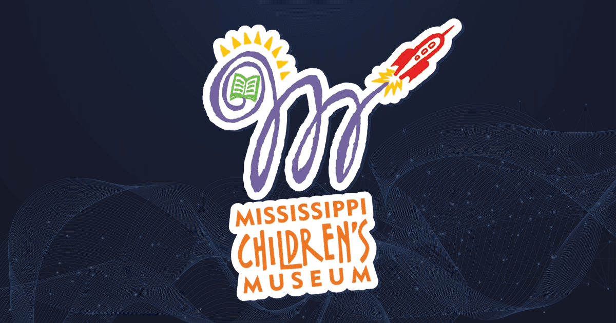 Logo for the Mississippi Children's Museum with a purple swirl, sun, open book, red rocket, and the museum name in orange and purple text.