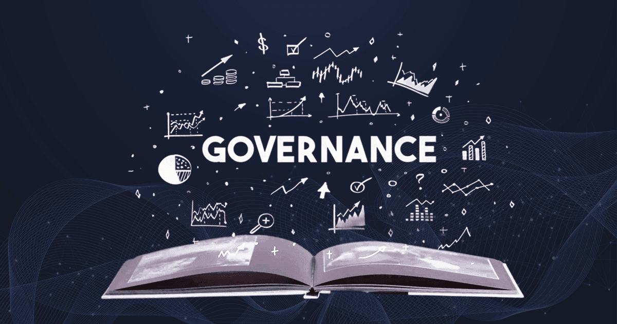 An open book with the word "GOVERNANCE" above it, surrounded by financial and analytical icons on a dark background.